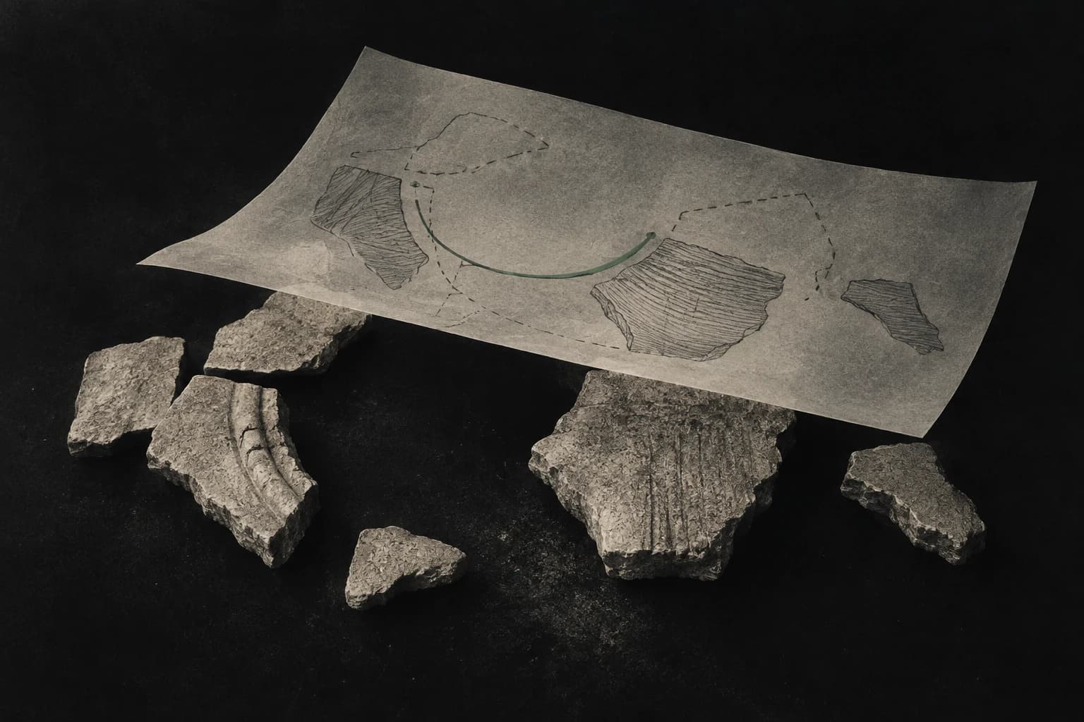 Papel translúcido sobre fragmentos de pedra, com marcas que representam uma interpretação parcial das evidências.