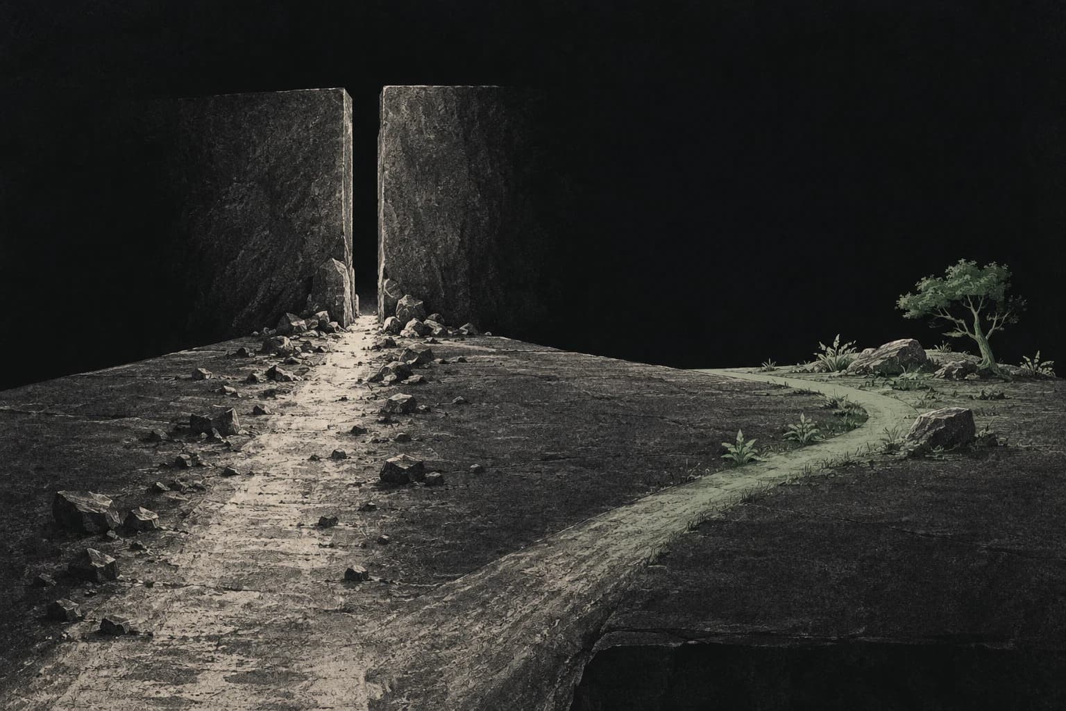 A worn path on stone and a fork suggesting another route.