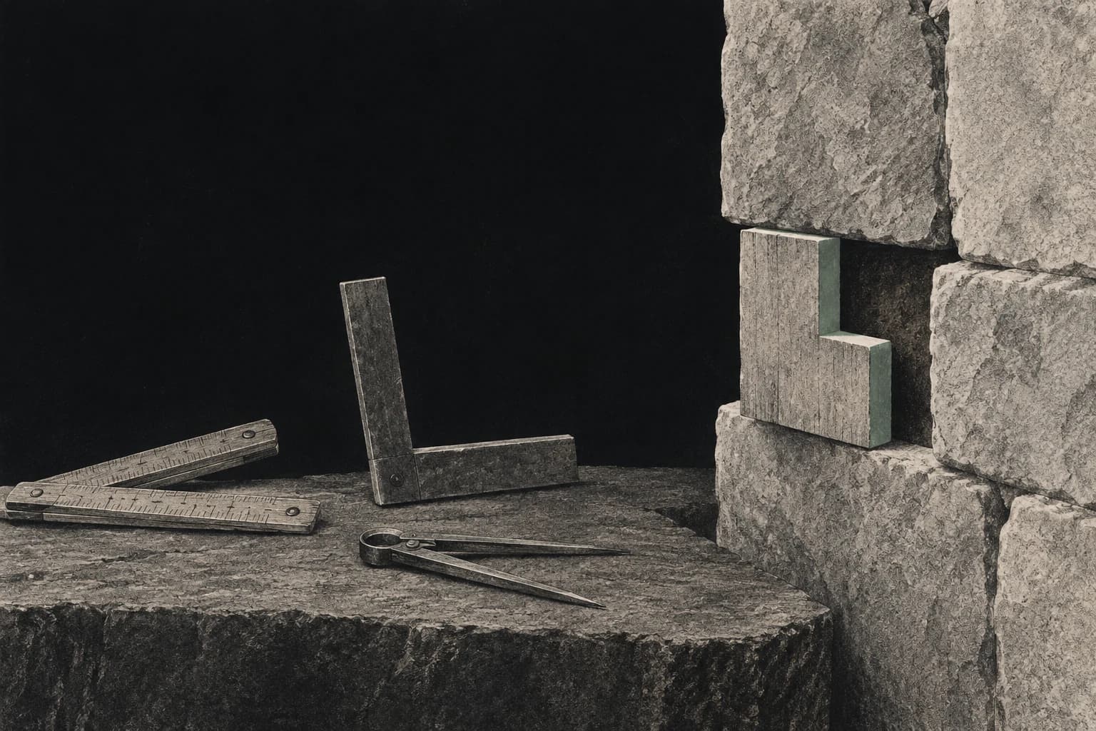 Instrumentos de medição junto a uma junção de pedra, com um deles ajustado à tarefa.