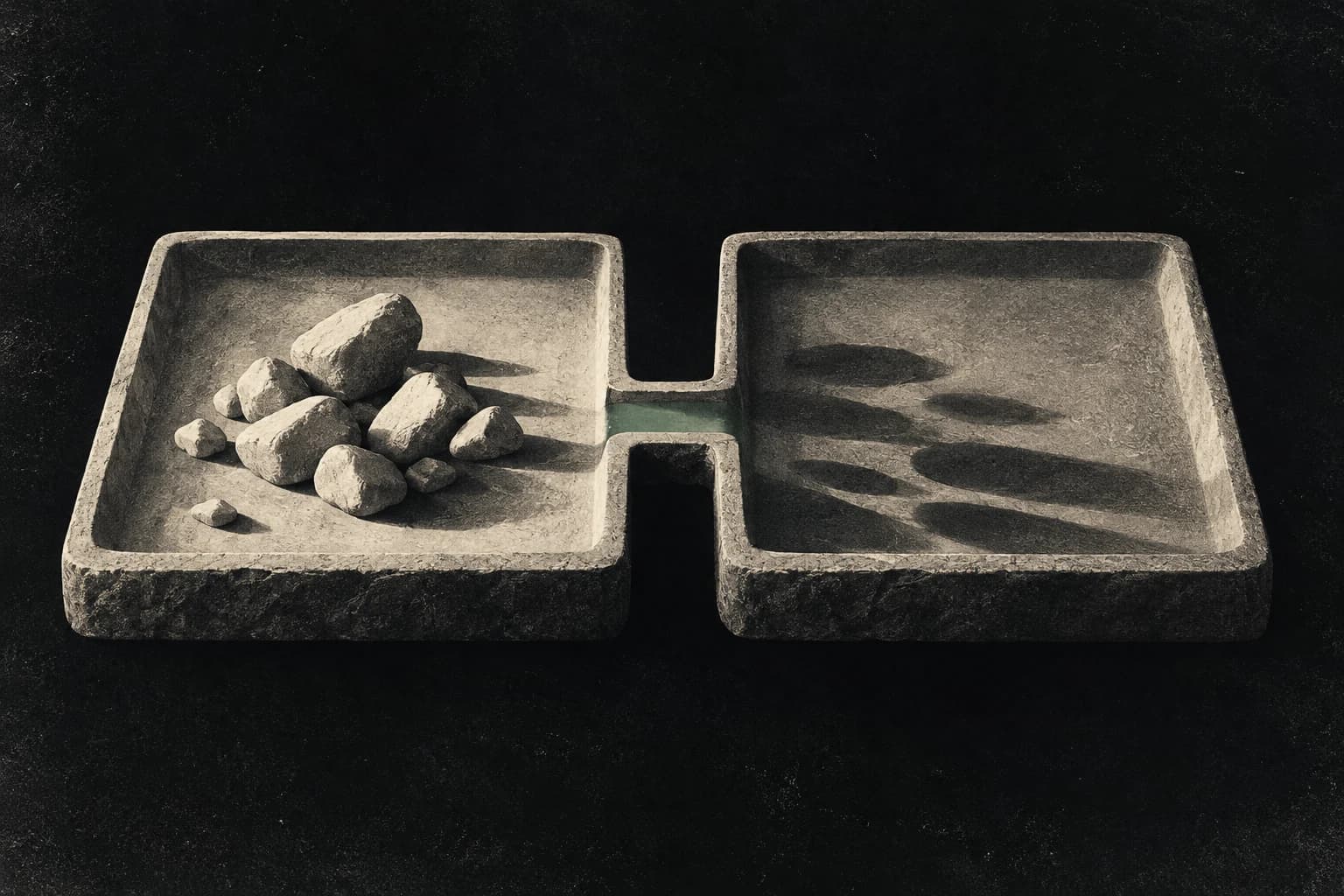 Stones accumulated in a tray cast shadows on the nearby tray.