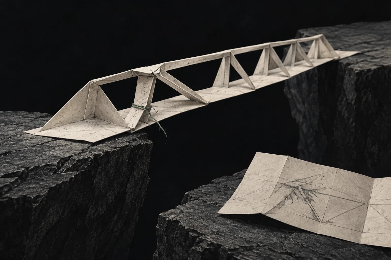 Een onafgemaakte papieren brug laat vóór gebruik een slecht aangesloten steun zien, gemarkeerd met een groene draad.