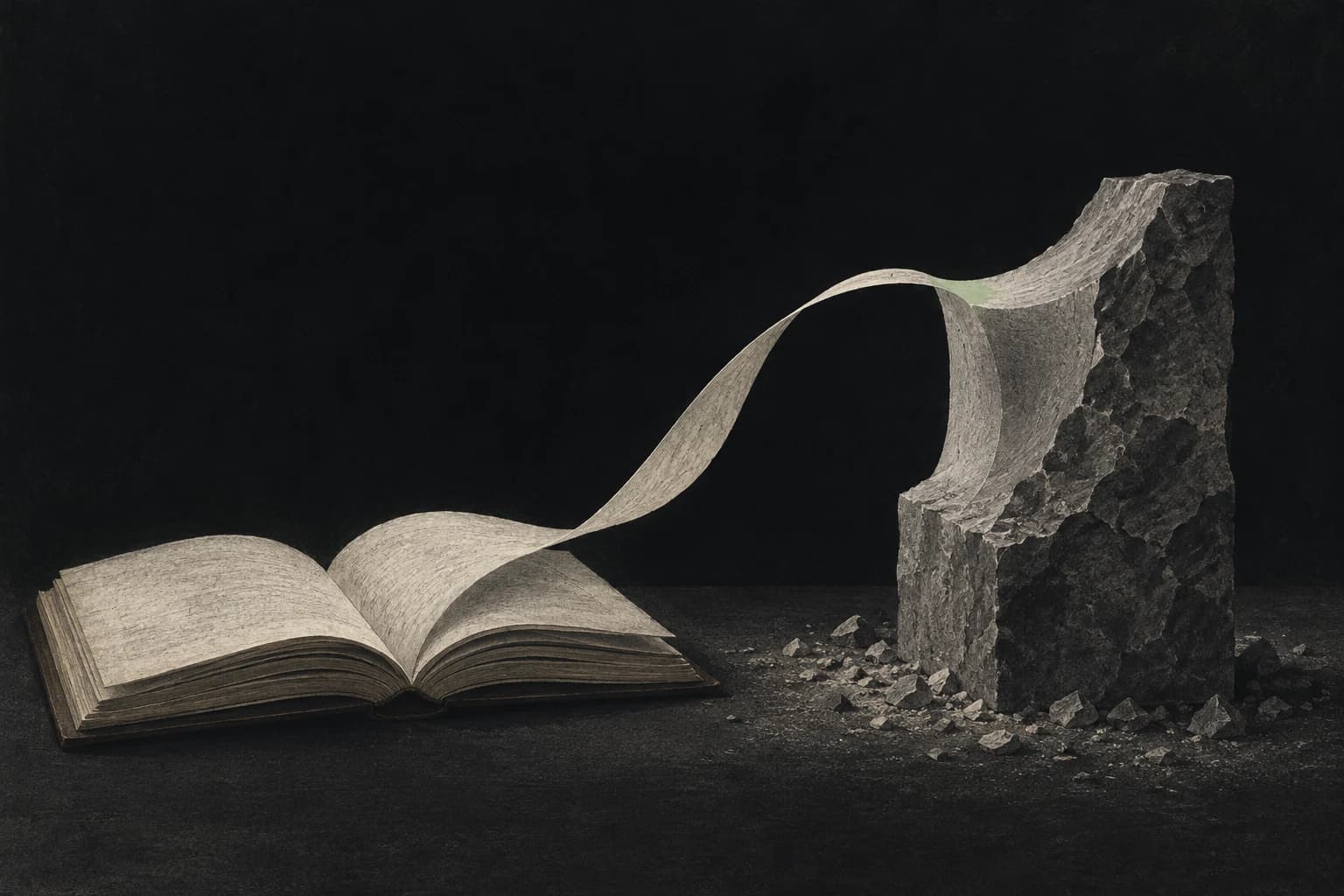 Open book without letters, with a banner of paper linking a page to an unfinished stone form.