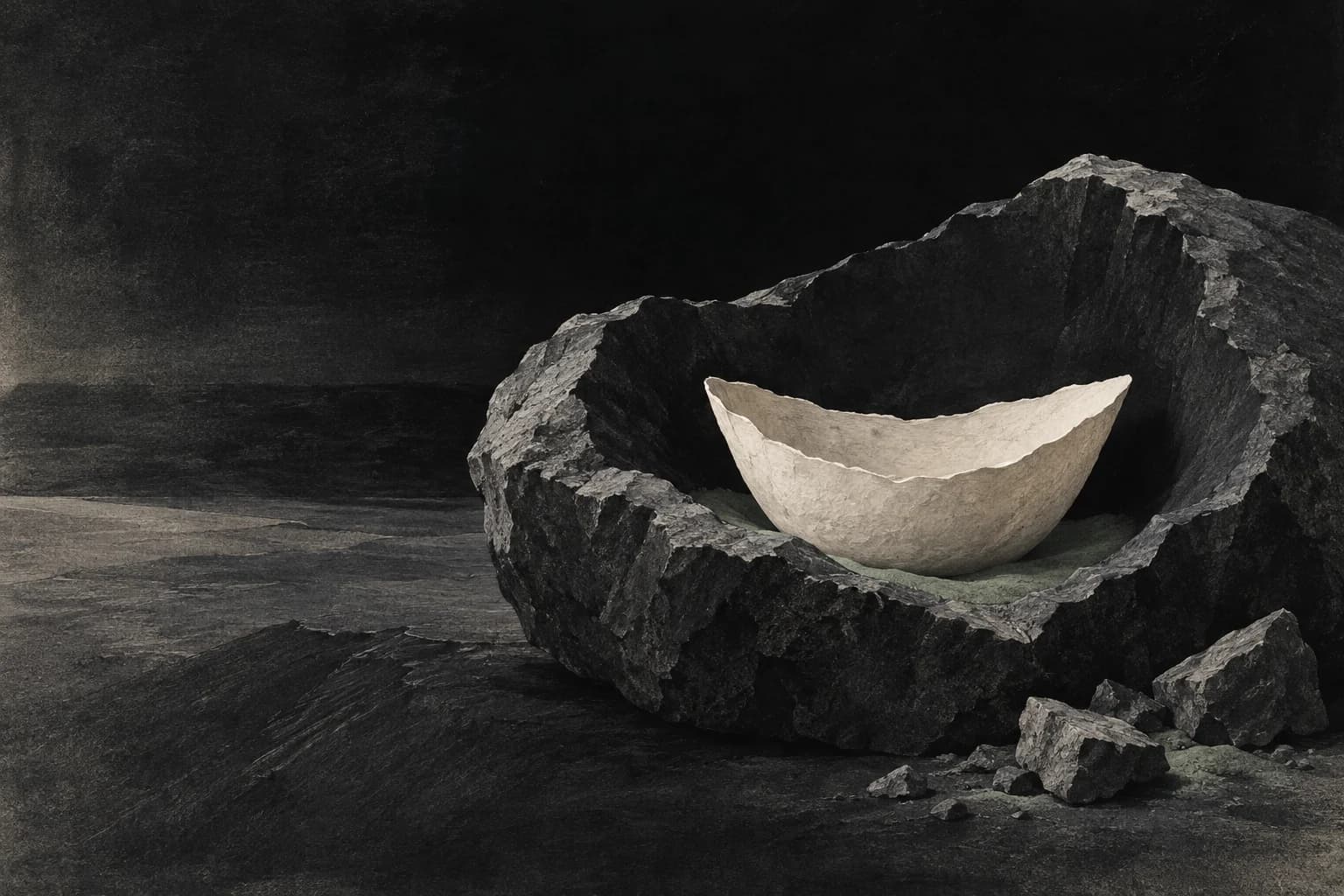 A paper vessel sits inside a larger stone hollow, leaving open space and a small protective green support.