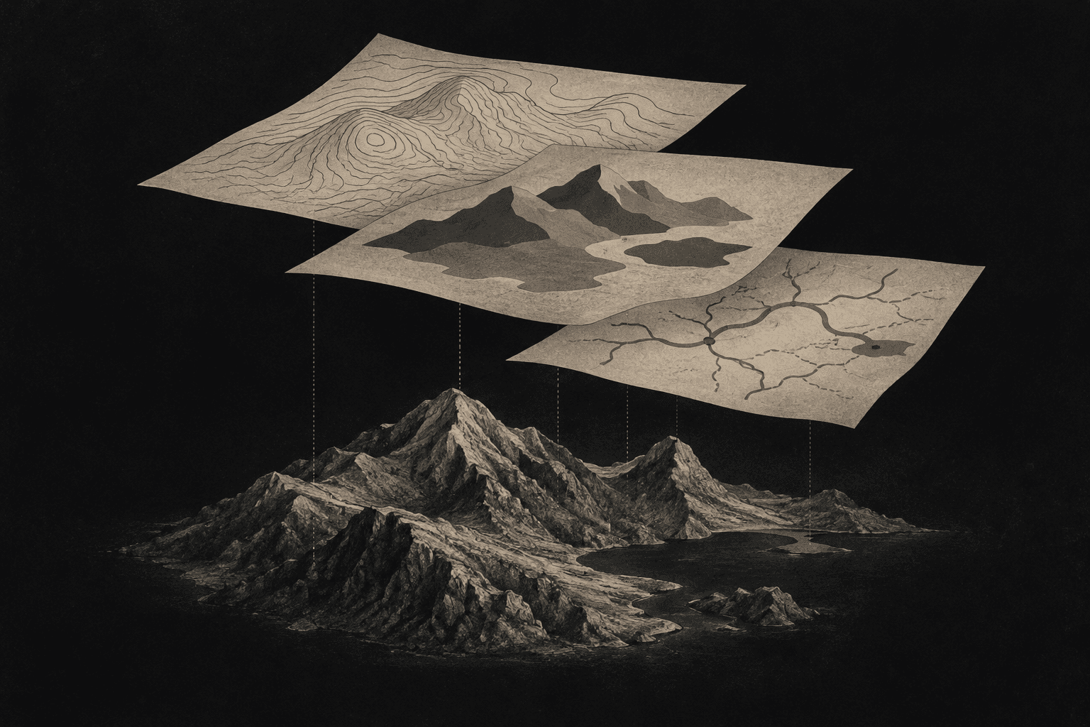 Illustration d'un paysage montagneux sous trois cartes superposées, représentant différents aspects du même territoire.