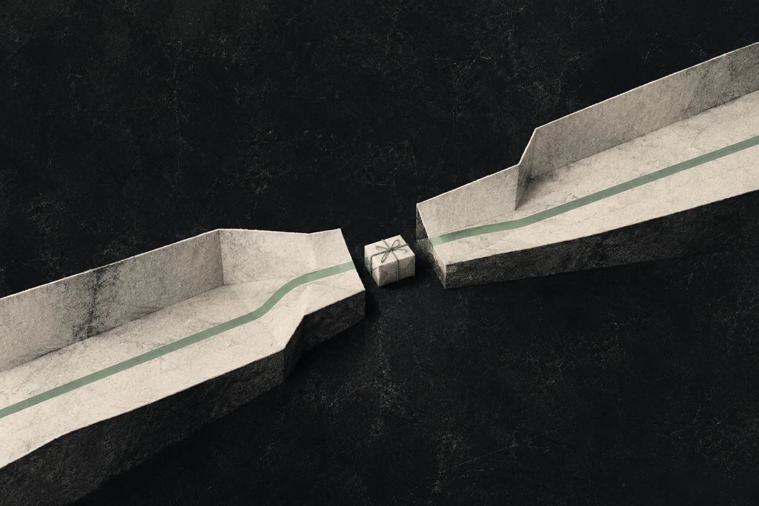 Dois canais de papel quase se encontram, mas um desalinhamento interrompe a passagem de um pequeno pacote junto de uma linha verde.