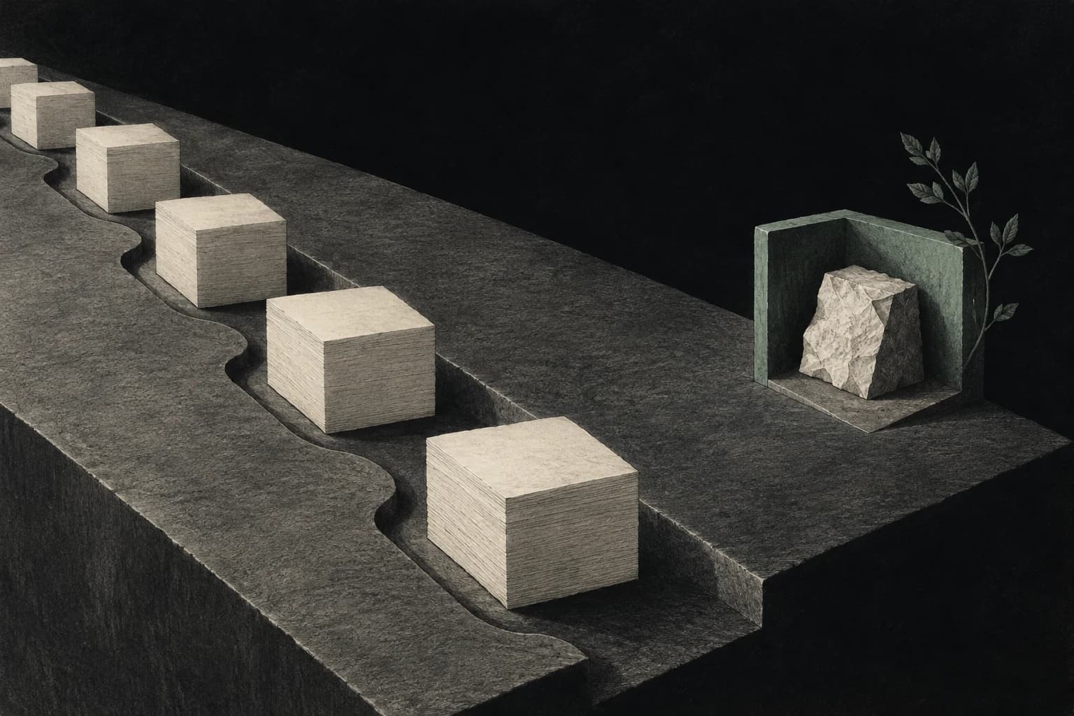 A channel carries regular pieces, while an irregular piece remains separate for inspection.
