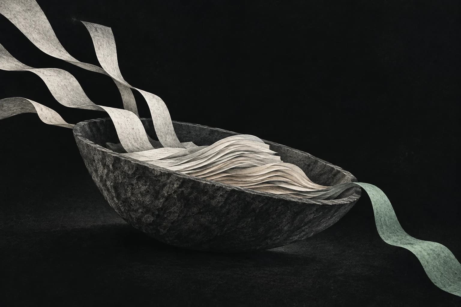 Stone container with paper flows coming in and out, representing an accumulated amount.