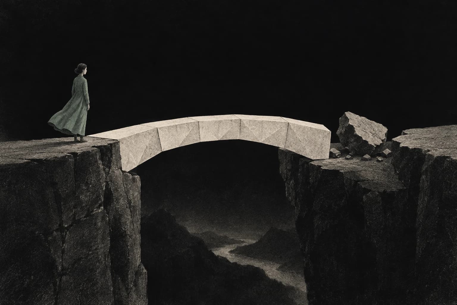 Ponte de papel bem construída e uma pedra caída que interrompe o caminho depois da travessia.